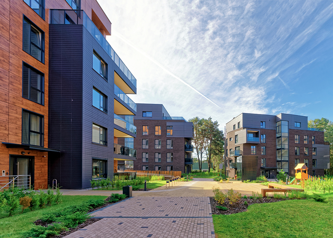 Benches at Modern european complex of apartment buildings. And outdoor facilities.